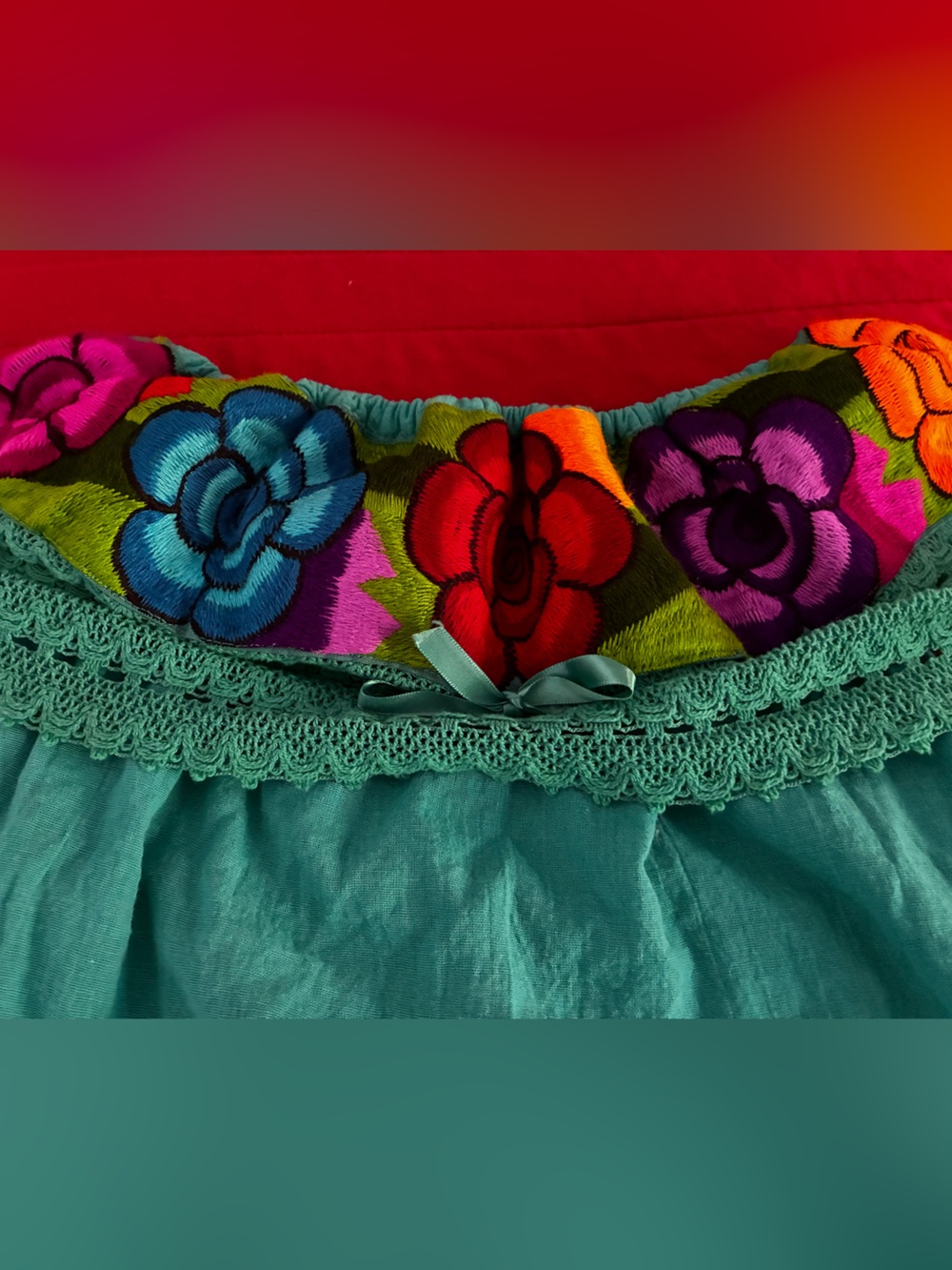 Embroidered Floral Trim Boho Top in Teal and Multicolor